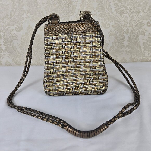 LJS Collection Small Braided Woven Leather Bucket Shoulder Bag Mixed Metallics - Picture 1 of 13